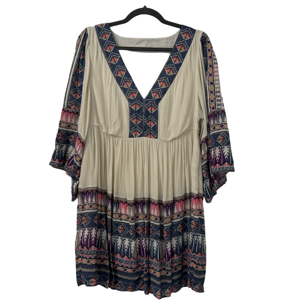 Free People Terra Nova Blue Purple White Boho Oversized‎ Mini Dress Size Medium